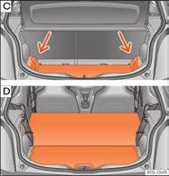 Variabel bagagerumsbund FORSIGTIG For at undgå skader på bagagerumsafdækningen: Sørg altid for, at den er gået helt i hak i holderne i siderne.
