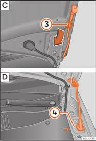 Fig. 9 A: Udløserarm i fodrummet i førersiden. B: Udløserarm på motorhjelm Fig. 10 C: Holder på motorhjelm.