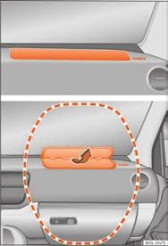 Fig. 20 Placering og udløsningsområde for forsædepassagerens frontairbag Frontairbagsystemet giver som supplement til sikkerhedsselerne en ekstra beskyttelse af førerens og forsædepassagerens hoved