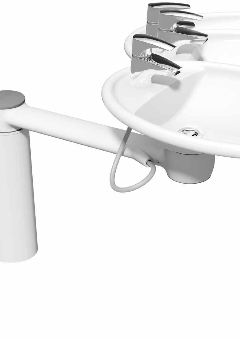 ROPOX SVINGBAR VASK & DOCK-IN Håndvaskens form og størrelse sikrer, at både den siddende og stående bruger kan betjene vasken fra flere sider.