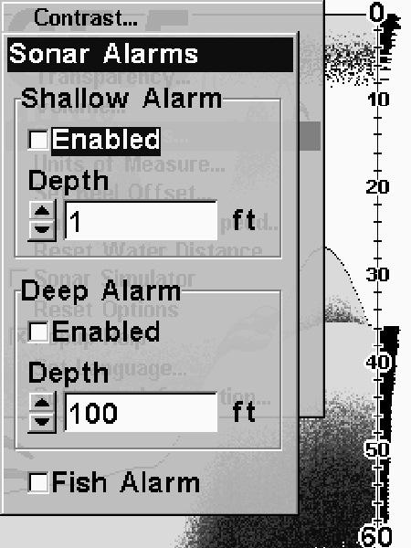 Dybdealarm Dybdealarmerne aktiveres, når dybden bliver mindre end Shallow Alarm (lavvands alarm) er stillet til, eller større end Deep Alarm (dybvandsalarm) er stillet til. Hvis Shallow Alarm f.eks.