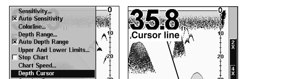 Dybde Cursor (dybdelinie) Dette ekkolod har en dybdelinie (Depth Cursor/Dybde Cursor) Et fremhævet felt ved enden af linien viser dens dybde. I eksemplet herunder er linen placeret i 40,52 fod.