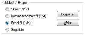 txt eksporterer udskriften ud i en kommasepareret fil med overskrifter Excelfil (*.