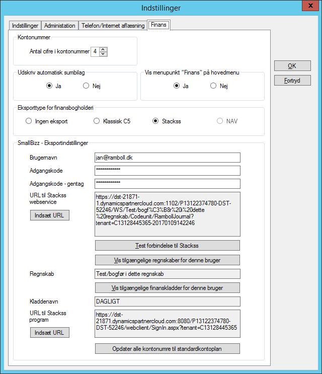 Filer menuen 1.41 Instillinger for Stackss som ovenstående: Eksporttype for finansbogholderi Brugernavn Adgangskode Adgangskode - gentag URL til Stackss webservice Her skal der tages stilling til flg.