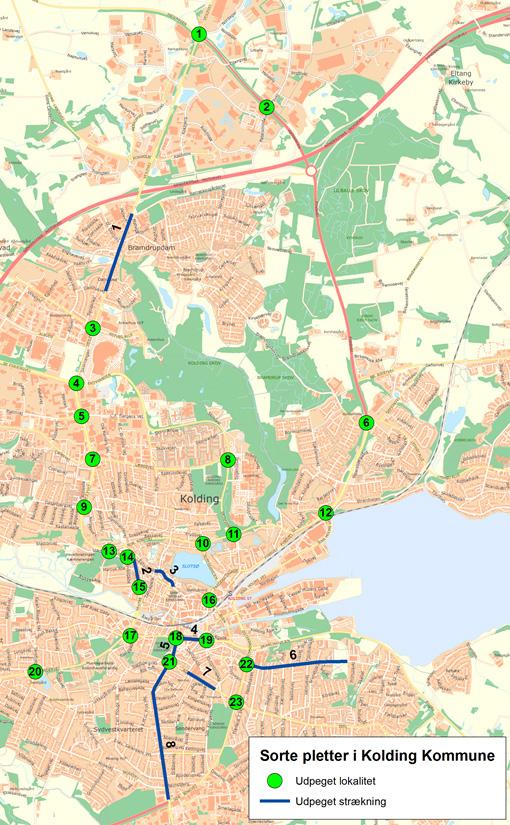 Mobilitetsplan 2016-2027 Evaluering og status 2018 Kolding Kommune har udpeget uheldsbelastede kryds og strækninger for at målrette uheldsindsatsten mod de mest belastede lokaliteter.