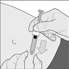 7. Hold godt fast i sprøjten ved fingerstøtten. Indfør kanylen i hele dens længde vinkelret på hudfolden (fig. D). Figur D 8. Tøm sprøjten HELT ved at trykke stemplet helt i bund (fig. E).