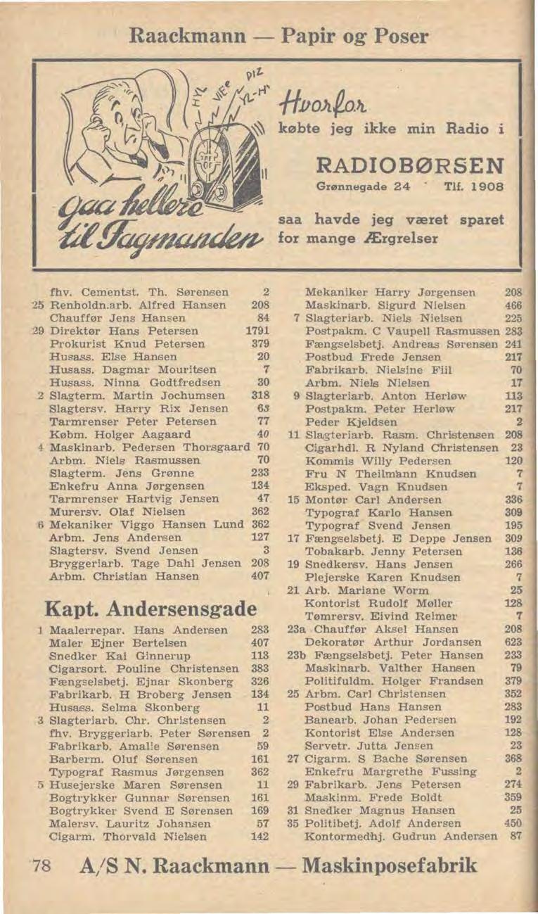 Raackmann- Papir og Poser ffuo.h~o."- købte jeg ikke min Radio i RADIOBØRSEN Grønnegade 4 Tlf. 1908 saa havde jeg været sparet for mange Ærgrelser fhv. Cementst. Th. SørenBen 5 Renholdn.arb.