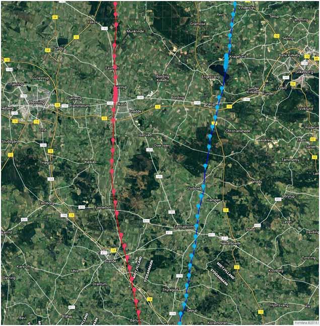De to dueflokke tager længere oppe hver sin vej, hvor blå due flyver vest om Silkeborg, og rød due flyver over Ikast endnu mere vestlig, måske