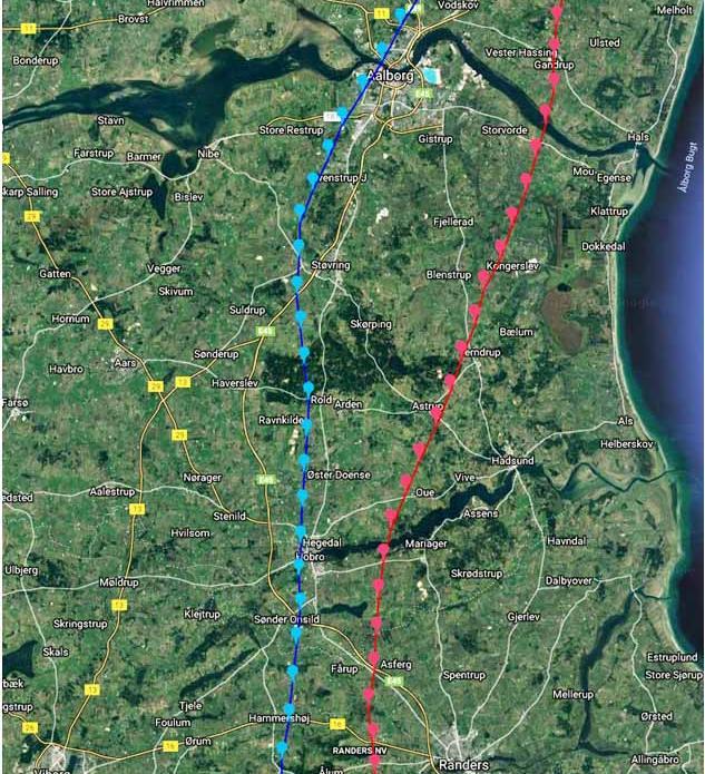 Denne strækning er interessant, idet de to duer følger forskellige strategier på deres rute: Blå due går over Rold Skov i ca. 100 meters højde, og flyver ind over Ålborg i ca. 65 meters højde.