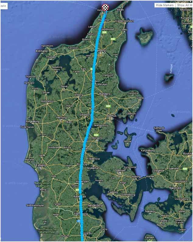 Blå due 1677U følger faktisk den optimale lige vej til slaget uanset om vinden øges fra vest i nordlige Jylland.