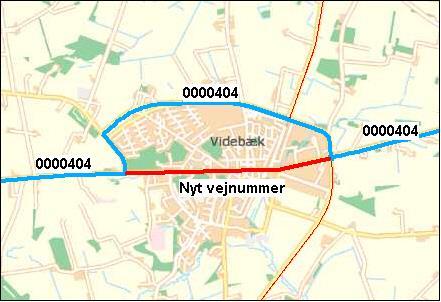 44 af 58 C.1.8 Omfartsvej placeret indenfor samme vej Vejen fra Ringkøbing til Silkeborg (administrativt vejnummer 0000404) gik tidligere gennem centrum af Videbæk.