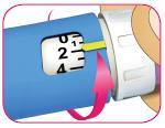 Trin 3. Kontrollér insulin-flowet A Du skal altid kontrollere insulin-flowet før hver injektion. B Drej den hvide dosisvælger, indtil den står ved mærket 2.