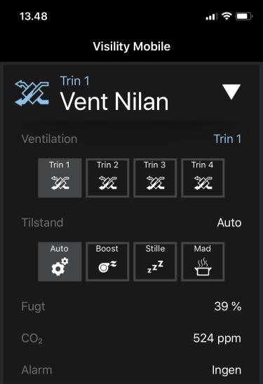 VISILITY VENTILATION Nilan 602 og Genvex Optima pt. understøttet Ventilations applikationen kan styres manuelt via App i 4 trin.