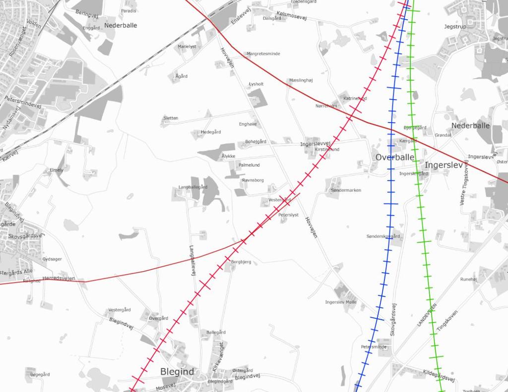 for flere linjeføringer. Byrådet har den 25. maj 2016 vedtaget den nordlige linjeføring (linjeføring A), der forløber som vist i Figur 3 og dermed krydser linjeføringerne ved Overballe/Ingerslev.