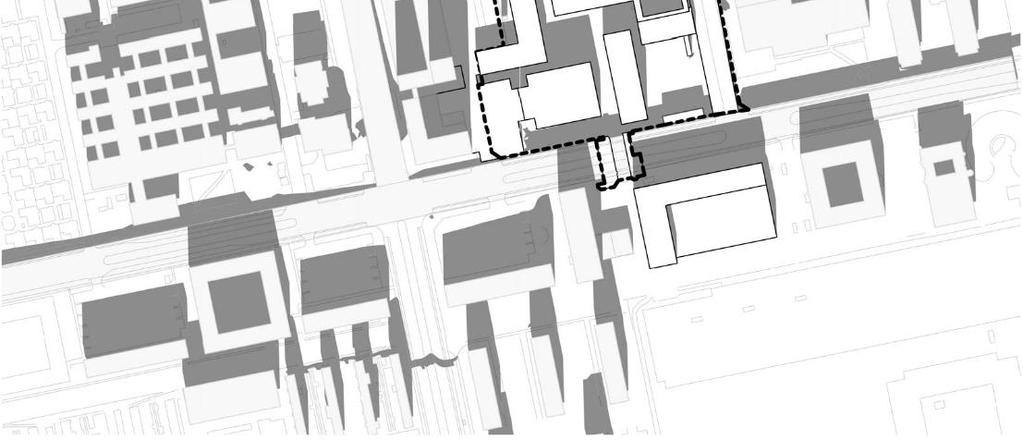 12 medfører planområdets bygninger en mindre skyggepåvirkning af Vognporten langs nordsiden af planområdet og på parkeringspladsen ved Stationsporten.