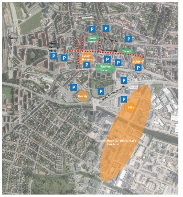 Figur 17. Kortet viser handelsstrukturen i Horsens midtby. Kilde: Detailhandelsanalyse Horsens Kommune, september 2014 Cowi. Pendling Horsens har en høj andel af både ind- og udpendlere.
