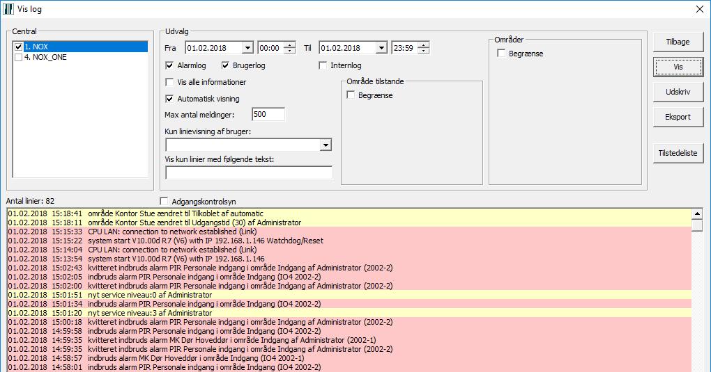 7 Udvælge Log (NOX) Under denne knap vises LIVE transaktioner fra den valgte NOX central, samt de eksisterende transaktioner fra SQL-databasen.