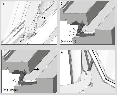 Når du har pudset vinduet, udløser du pudsesikring (3), der sidder 10-15 cm fra venstre hjørne af vinduet. Træk vinduet let ind mod dig, så beslaget ikke spænder.