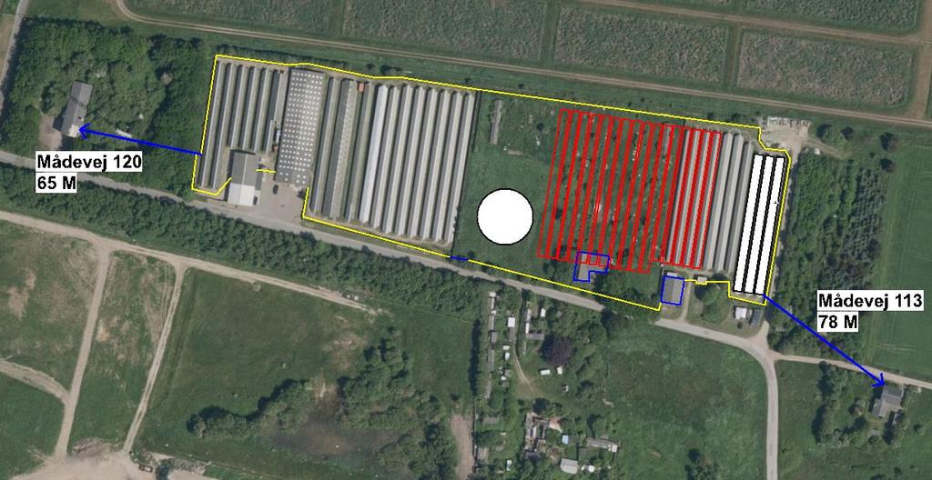 Kort 1a: Nærmeste naboer Kort 1b: 100 m til Mådevej 113 Ansøger har pr. 1. juni 2015 købt arealet umiddelbart øst for farmen, og den private fællesvej nedlægges.