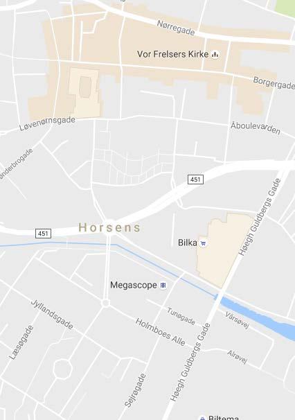 2.2 Beliggenhed Grundarealet er beliggende i centrum af Horsens, ca. 100 meter fra gågaden. Kilder: Google Maps og COWI A/S Området er en del af Horsens centrum.