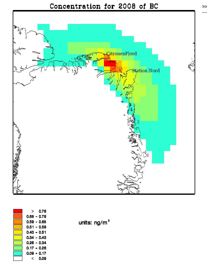 Figur 1 En mulig sod (engelsk: black carbon; BC) koncentration fordelt i det Nordøst- ligste hjørne af Grønland.