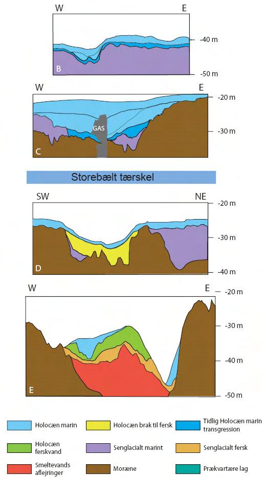 Figur 10. Idealiseret geologiske profiler B til E på tværs af Storebælt nord og syd for tærsklen. For lokalisering se Figur 7.
