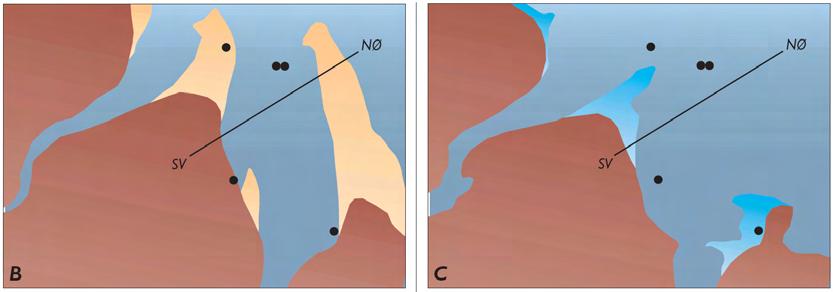 Figur 28. Boomerprofil med udfyldt kanal overlejret af lagune sedimenter og transgressive kystaflejringer. Figur 29. Palæogeografiske kort der viser oddesystemets backstepping.