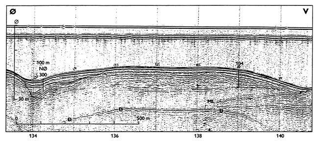 Figur 45. Seismisk boomer profil (504-055) fra den sydlige del af ressourceforekomsten. På profilet er boring 104 indtegnet, hvori der er fundet smeltevandsaflejringer.