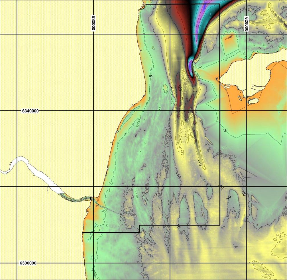 Figur 60. Bathymetri for området omkring Hals Barre og Læsø Rende. Dybderne angivet med 5 meters konturinterval.