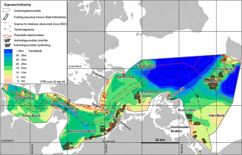 Figur 2. Bathymetri i vestlige del af Østersøen med angivelse af placeringen af potentielle råstofområder i nærheden af Femern Bælt forbindelsen (fra Jensen 2010). 1.