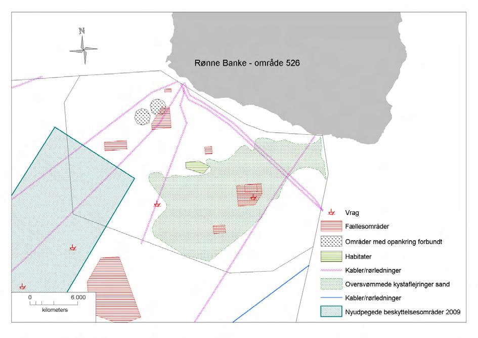 Figur 75. Ressourcekort over Rønne Banke område 526 med angivelse af konverteringsområder, habitater samt andre begrænsninger i området. Figur 76.
