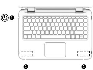 Knapper og højttalere Komponent Beskrivelse (1) Tænd/sluk-knappen Når computeren er slukket, skal du trykke på knappen for at tænde den. (2) Højttalere (2) Leverer lyd.
