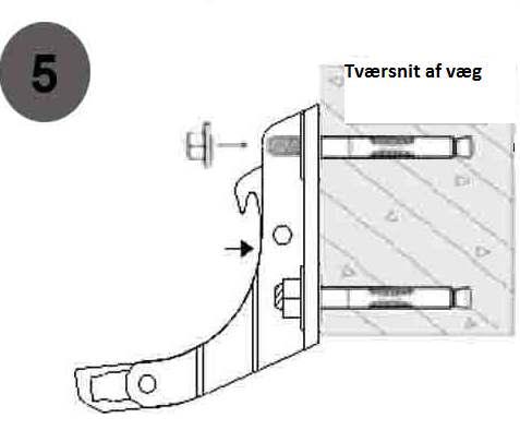 Trin 5: Fastgør beslagene Placér beslaget på skruen, der rager ud fra væggen. Tilføj derefter låsering og spændeskive og fastgør beslaget med låsemøtrikker. Stram dem godt.