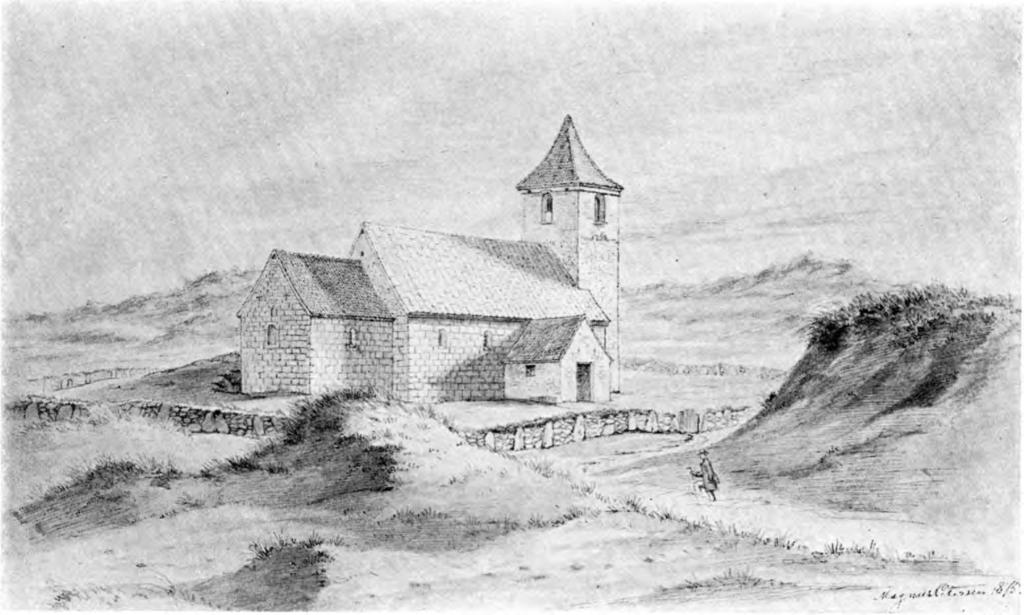Fig. 1. Tved. Kirken med Omgivelser 1875, set fra Nordøst. Tegning af J. Magnus-Petersen. TVED KIRKE HILLERSLEV HERRED Kirken, der er Anneks til Nors, ejedes o. 1630 og 1666 af Kongen 1, men blev 8.