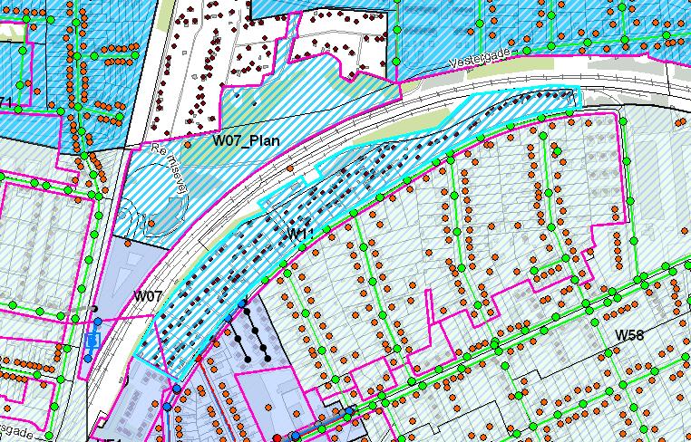 Kolonihaver ved Rosenvængets Alle, Esbjerg: Kommuneplanramme 01-080-020. Planlagt spildevandskloakeret. (Ikke en del af tillæg vedr. kloakering af kolonihaver).