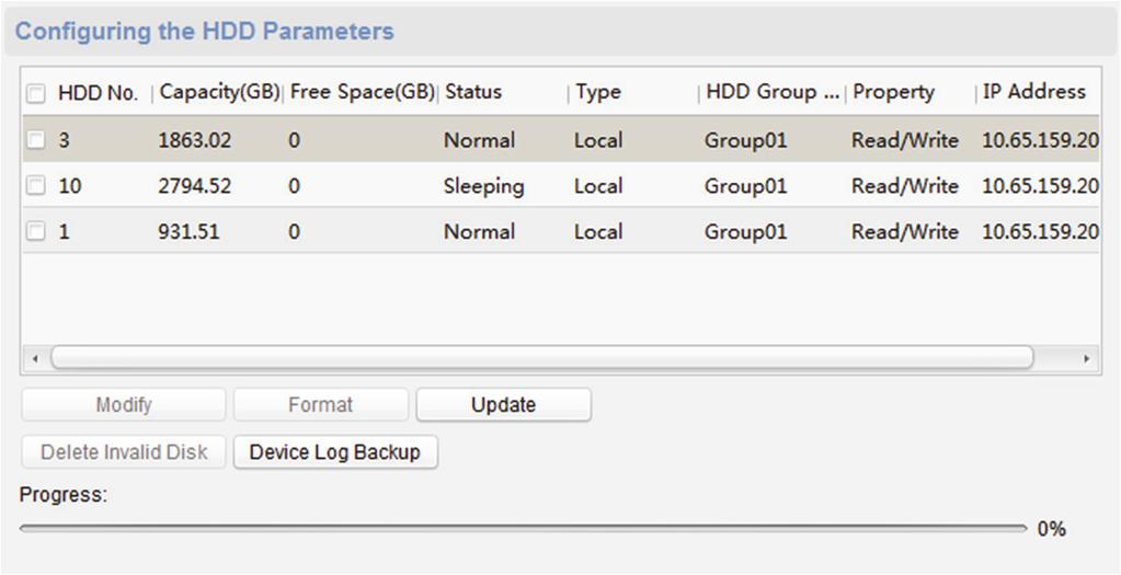 Figur 7 Konfigurér parametrene for harddisken BEMÆRK Alle standardværdier for HDD Group No. er Group01. Trin 4: Valgfrit: Formatér harddisk. 1) Sæt kryds i afkrydsningsfeltet HDD No.