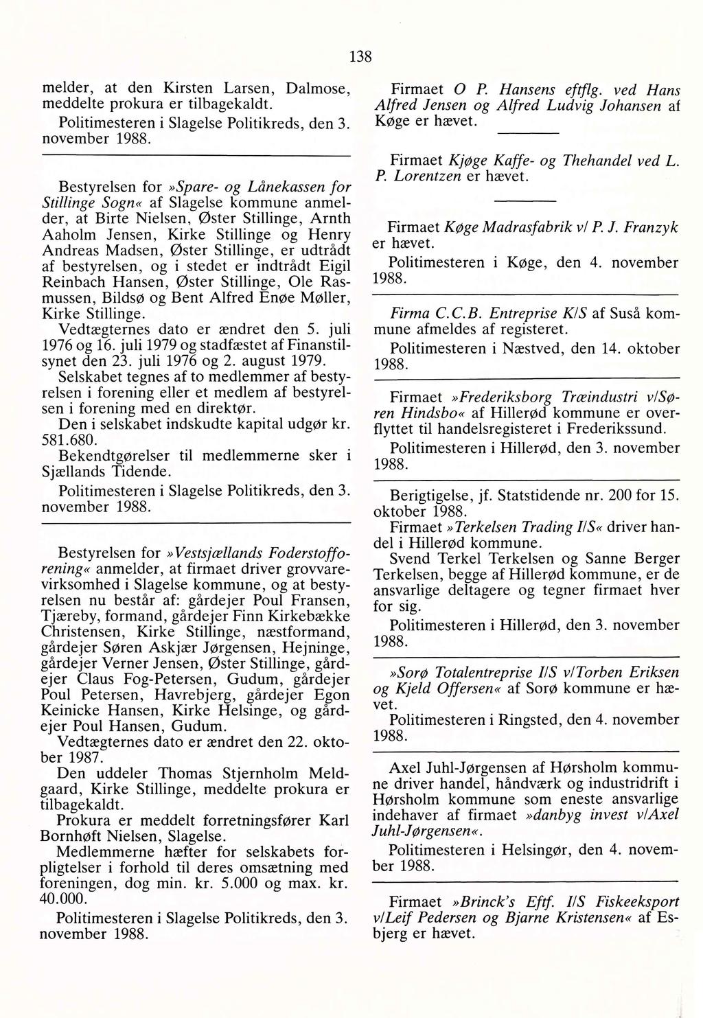 1988 Anmeldelser, bekendtgjort i Statstidende i november måned Nr PDF  Gratis download