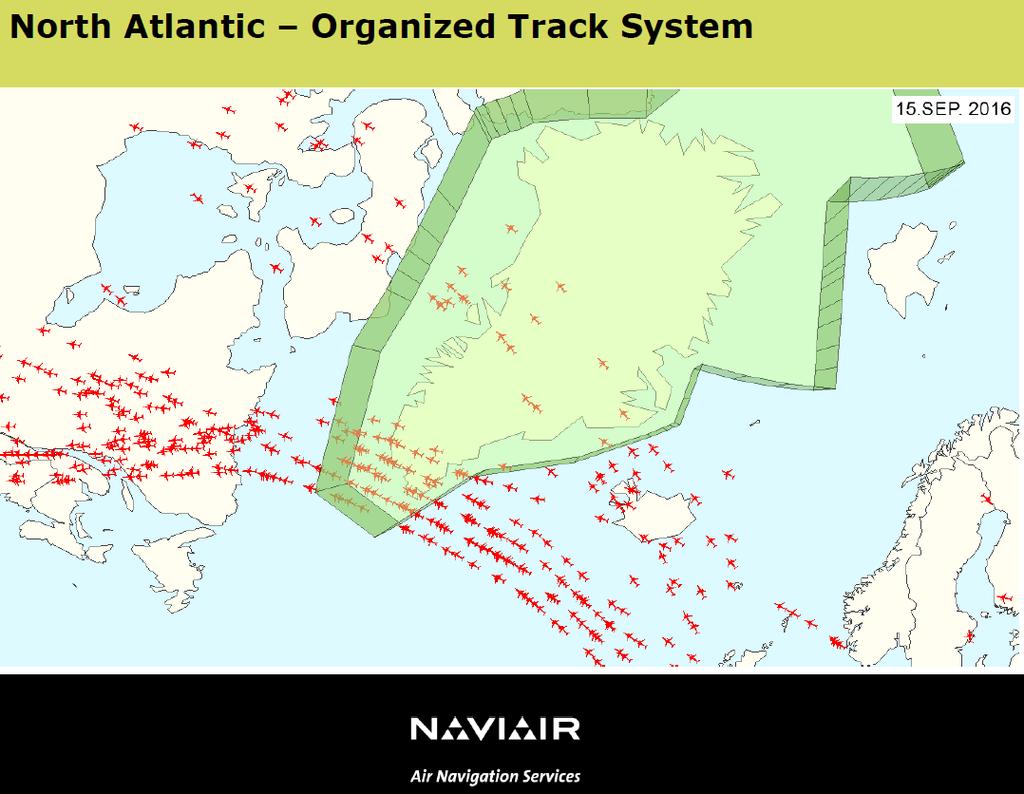 Figur 3: Flyveveje over nordatlanten i vestlig retning Kilde: Naviair Grønland Helhedsløsning 2018 Endeligt er det sandsynligt, at Nuuk som den nye hovedlufthavn i Grønland vil have lange