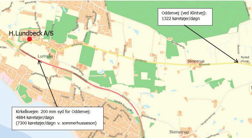 Figur 27 Kort visende trafiktal for udvalgte veje, som benyttes til transport til H.Lundbeck A/S, Lumsås.