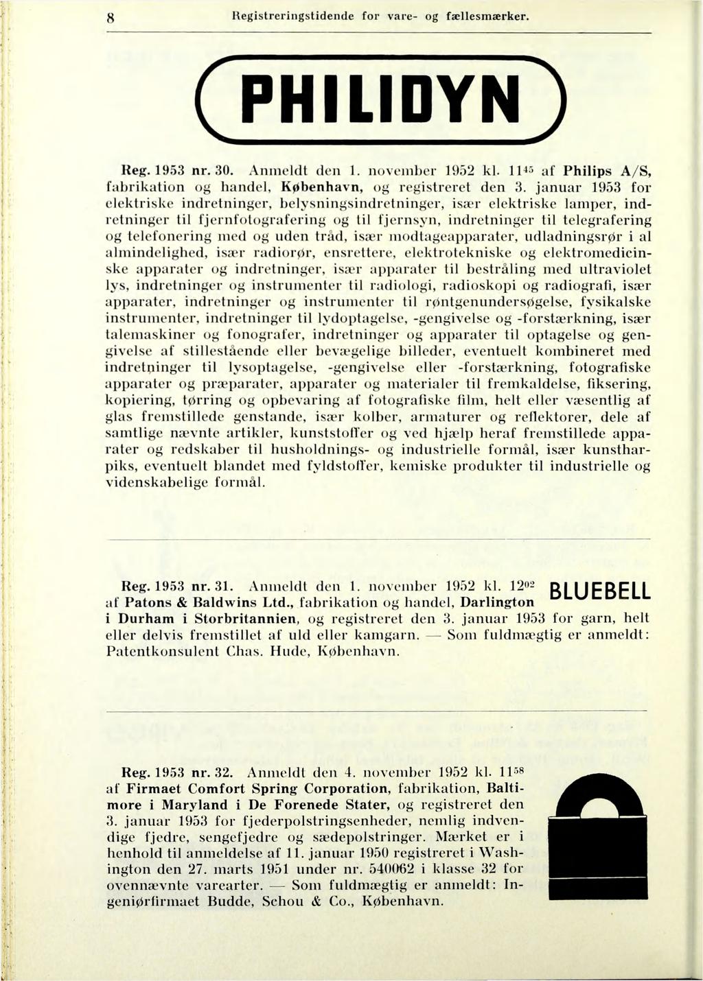 8 Uegistreriiigstidende for vare- og fællesmærker. (PHILIDYN) Heg. 1953 nr. 30. Aninekit den 1. november 1952 kl. IH^ af Philips A/S, fabrikation og handel, København, og registreret den 3.