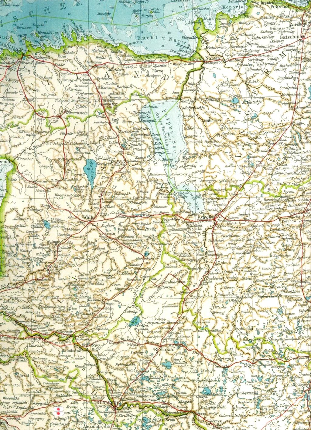 Compagnie Borgelins anden indsats i juli-august 1919, i Rusland, mellem Pskow og Ostrow. Indtegnet på et kort over Baltikum fra 1915. Målestok Ca. 10 km 12 1 Compagnie Borgelins anden indsats: 1.