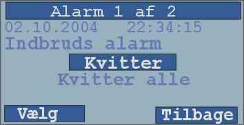 Alarmmenu Alarmmenuen aktiveres hver gang en alarm udløses af en aktiv detektor på systemet. I denne menu kan der findes detaljeret information om alarmer og alarmer kan kvitteres.