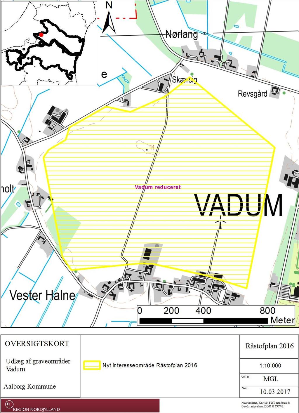 5.3.10 Vadum, Aalborg Kommune Det foreslåede interesseområde Vadum dækker i alt ca. 132 ha, og ligger i Aalborg Kommune i det åbne landbrugsland nord for Vadum. Råstofforekomsten består af sand.