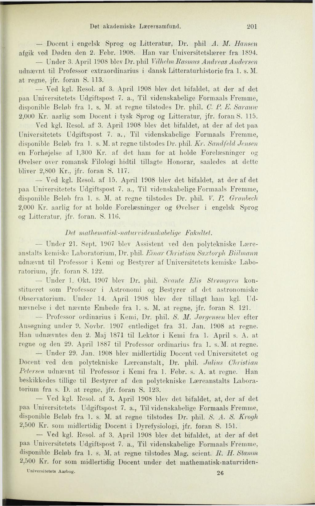 Det akademiske Lærersamfund. 201 Docent i engelsk Sprog og Litteratur, Dr. phil A. M. Hansen afgik ved Døden den 2. Febr. 1908. Han var Universitetslærer fra 1894. Under 3. April 1908 blev Dr.