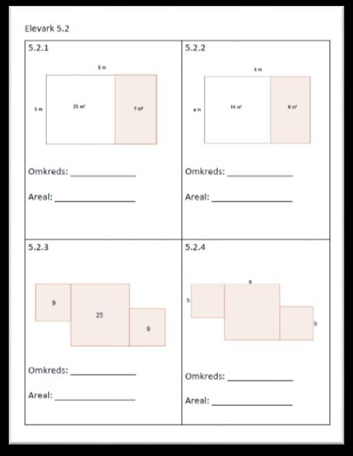 5.2 Intro [Elevark 5.2] Faglige pointer I arbejdet med rektanglerne er der forskellige ubekendte, som må findes, før arealer og omkredse kan beregnes.