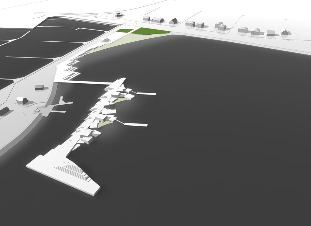 Forslag A - luftperspektiv set mod sydvest Klippen, mini strande og 50 m banen Forslag A Forslag A viser et anlæg med en badestrand i den inderste del af Svanemøllebugten.