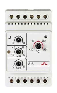 21 Devireg 316 Elektronisk termostat for DIN-skinne montage. Anvendes til styring af frostsikring i forbindelse med udeanlæg, rumtemperatur, gulvvarme, køleanlæg, rørtracing o.lign.