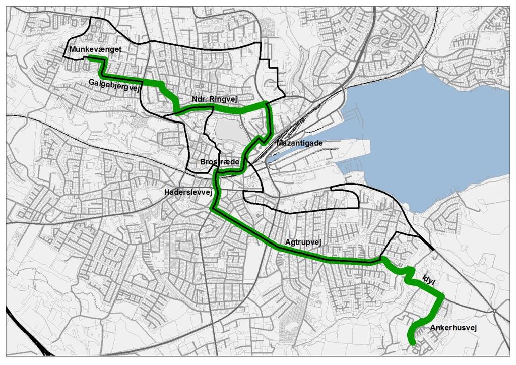 Linje 2 Linje 2 har sit udgangspunkt ved Ankerhusvej. Herfra køres ad Idyl, Agtrupvej, Haderslevvej, Bredgade, Klostergården (Brostræde), Munkegade, Fredericiagade, Mazantigade, Dyrhavegårdsvej, Ndr.