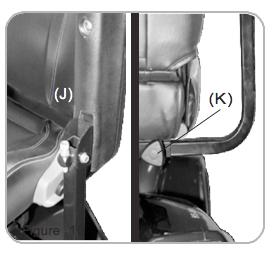 Højde/ vinkel på armlæn justeres på skrue (J) Frigearsarm (M) Når armen står i position N (neutral) kan scooteren skubbes manuelt.