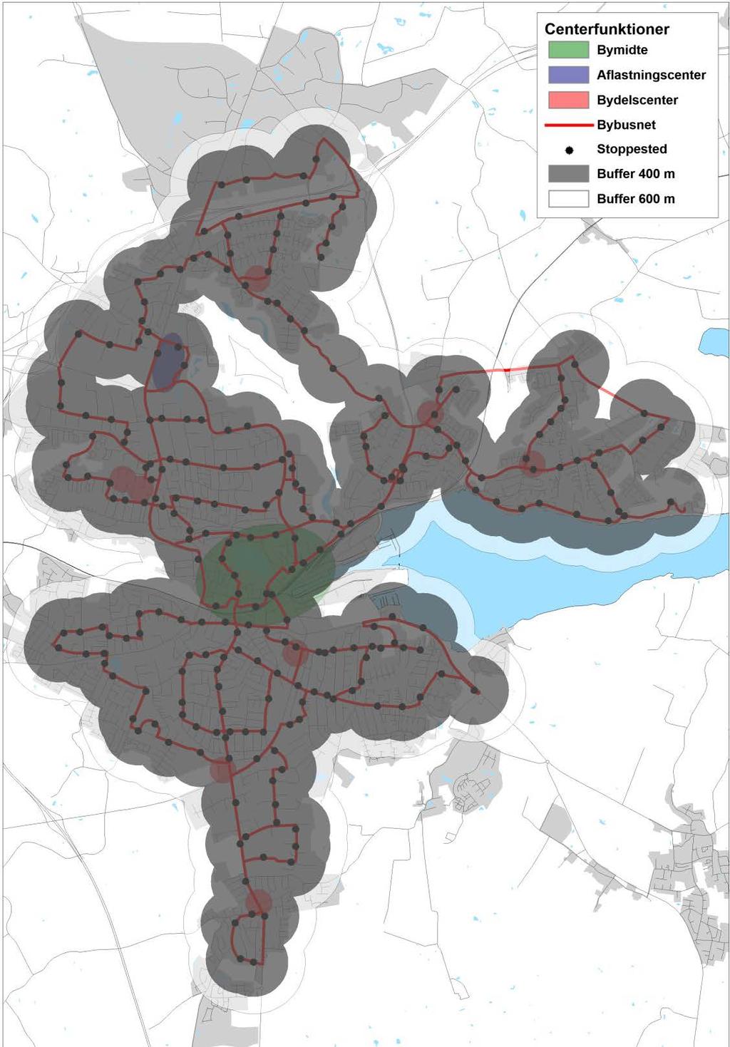 DEN KOLLEKTIVE TRAFIK I DAG 25/43 Figur 25 Dækning af centerområder inden for en luftlinjeafstand på henholdsvis 400 m og 600 m for bybusruterne i Kolding.